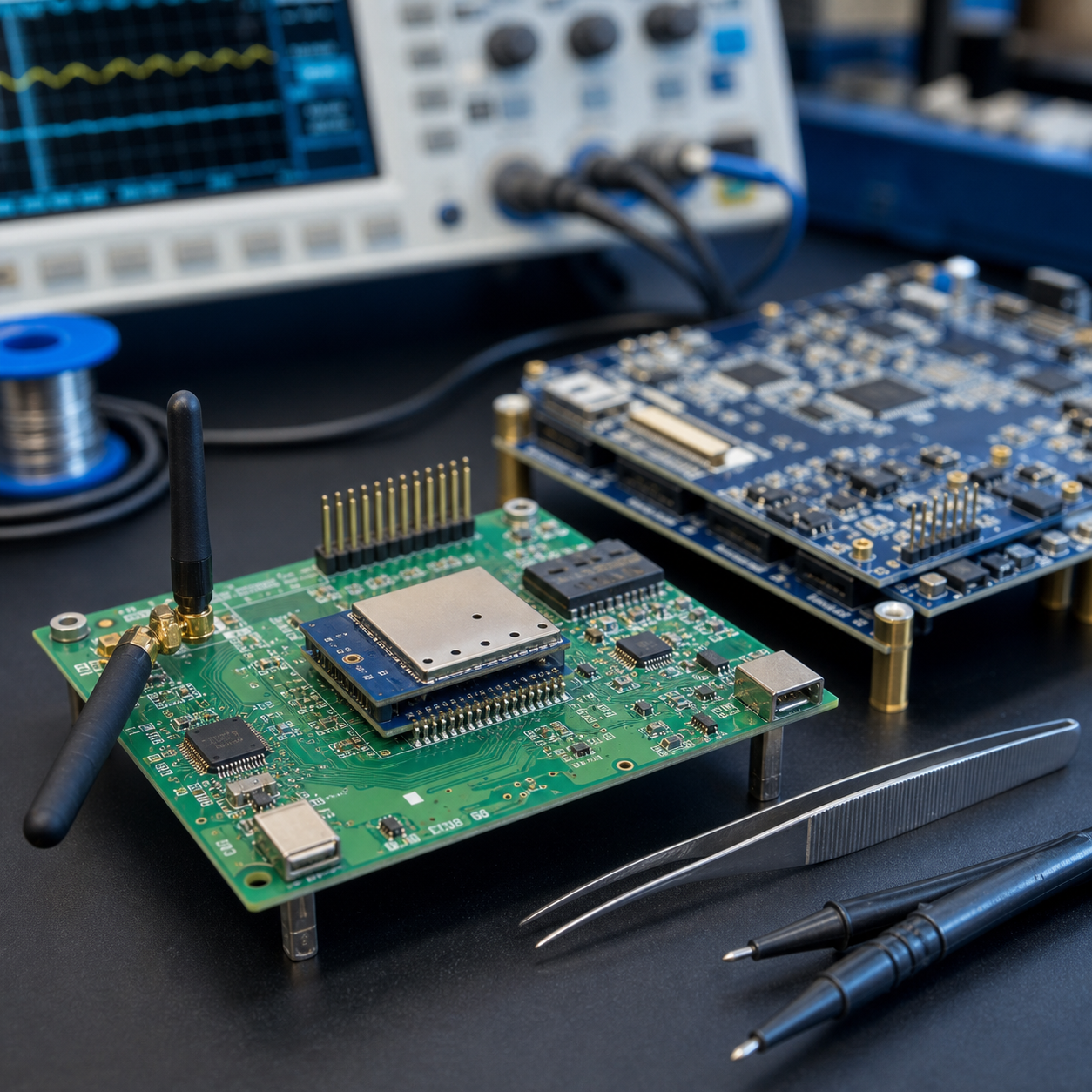 Representative embedded hardware development bench with circuit boards and test equipment