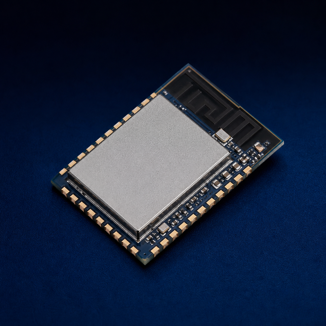 Representative compact shielded WiFi module on a blue circuit board